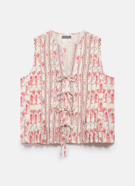 Red Lobster Print Tie Front Top