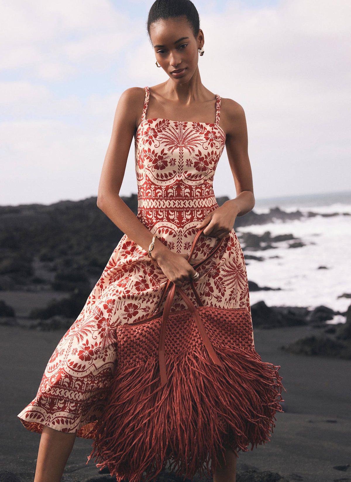 Red Palm Print Midi Dress