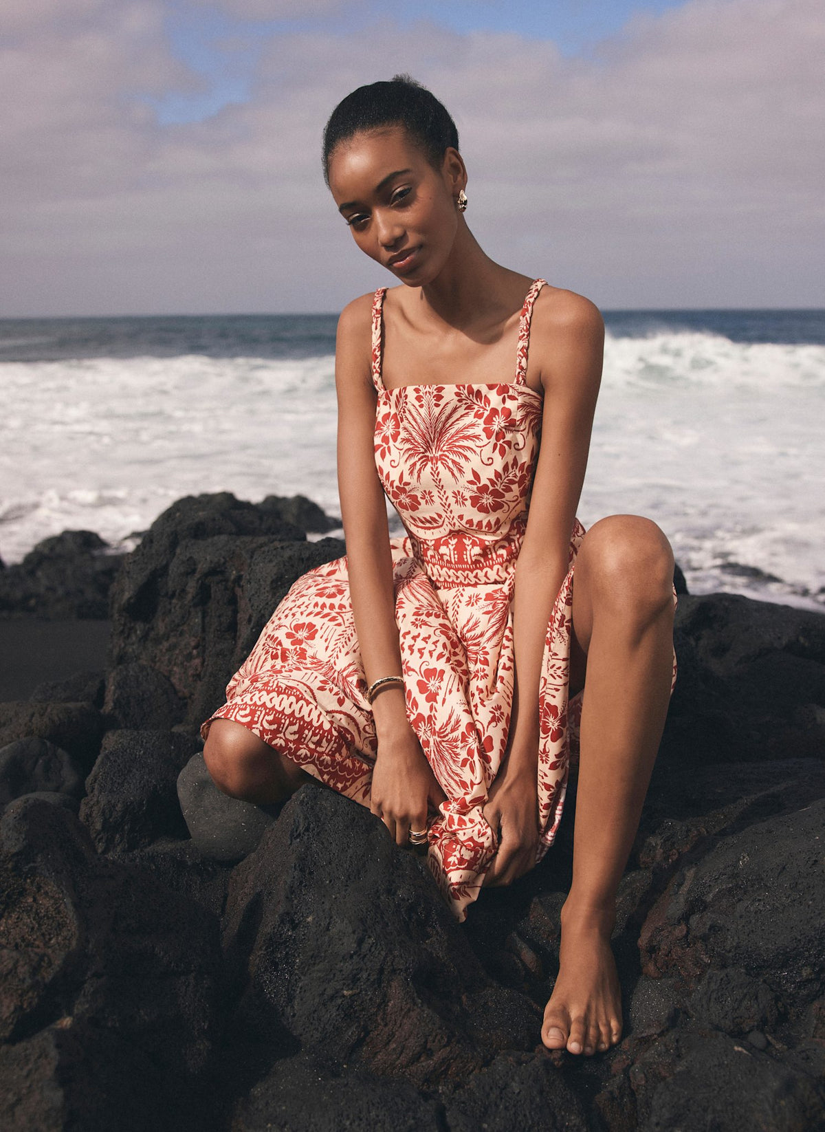 Red Palm Print Midi Dress