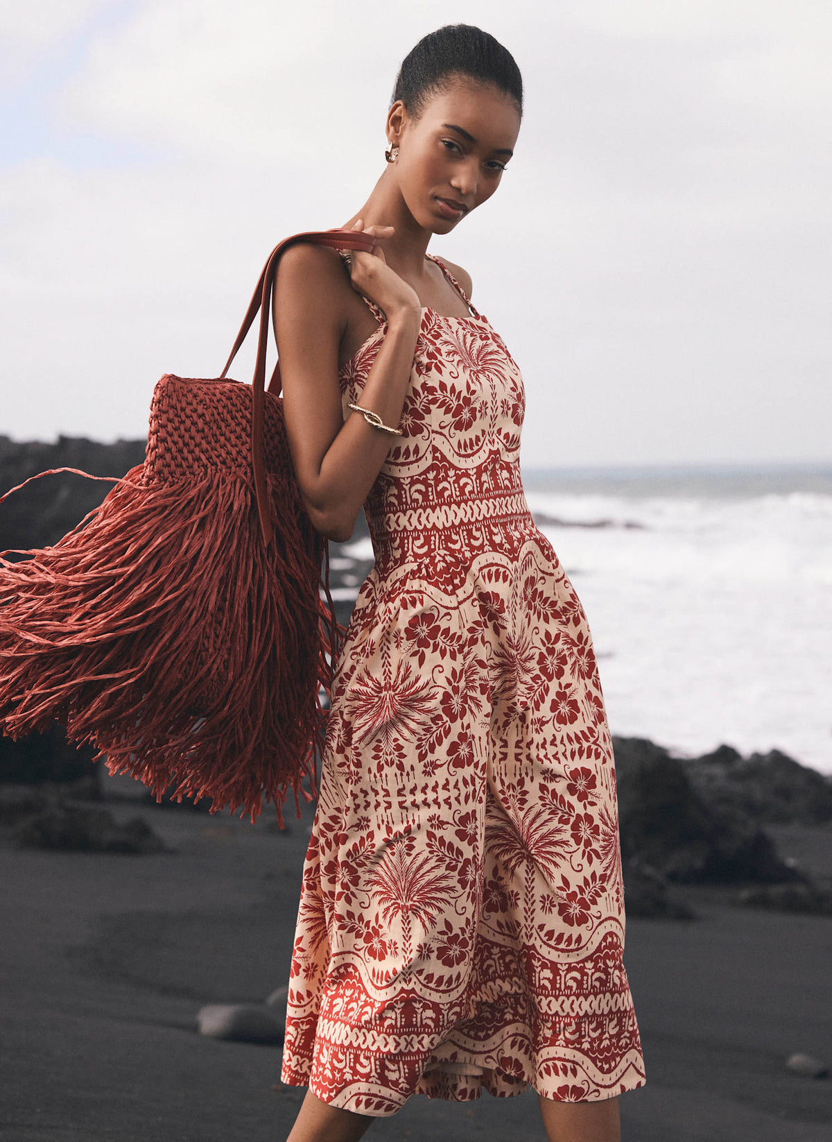 Red Palm Print Midi Dress