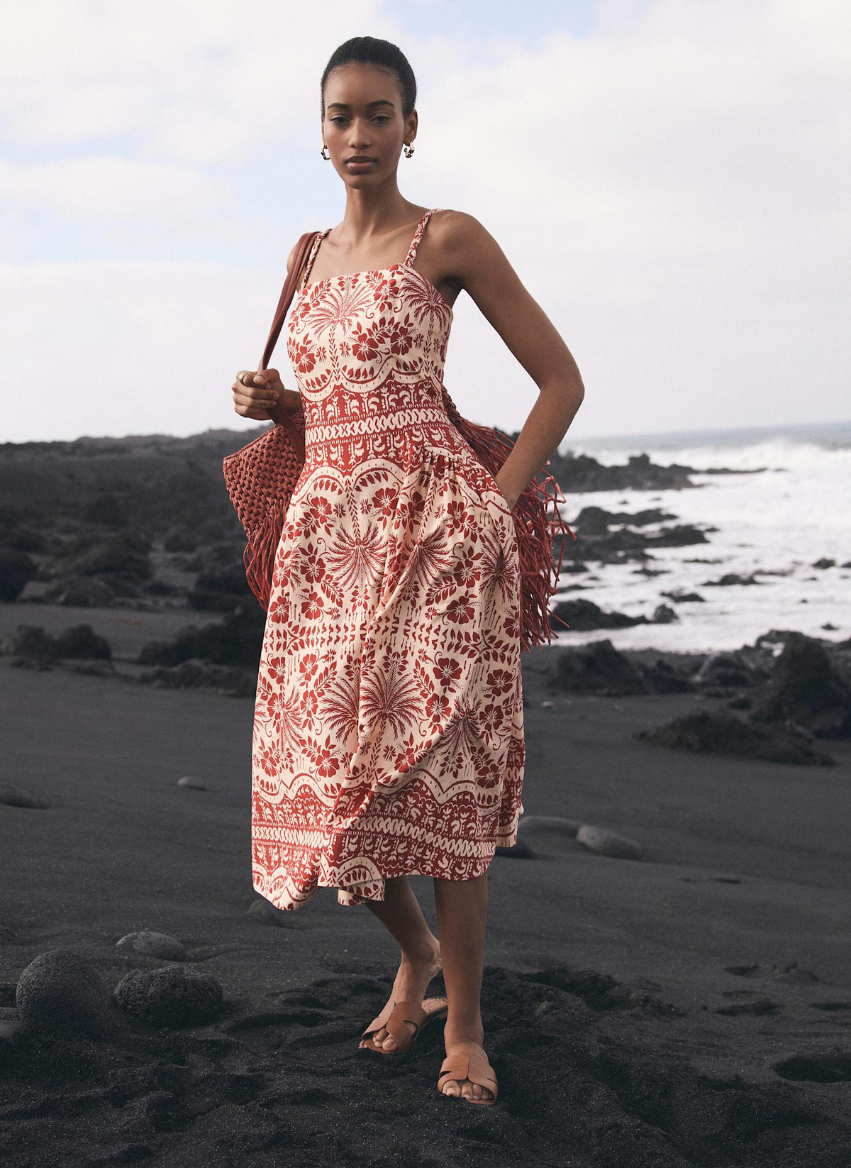 Red Palm Print Midi Dress