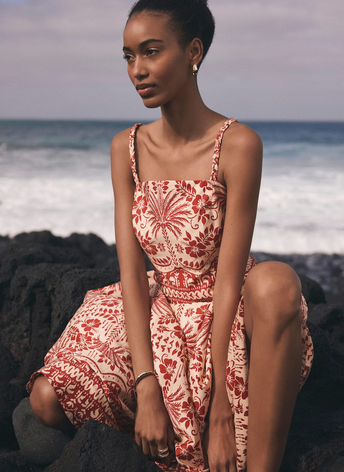 Red Palm Print Midi Dress