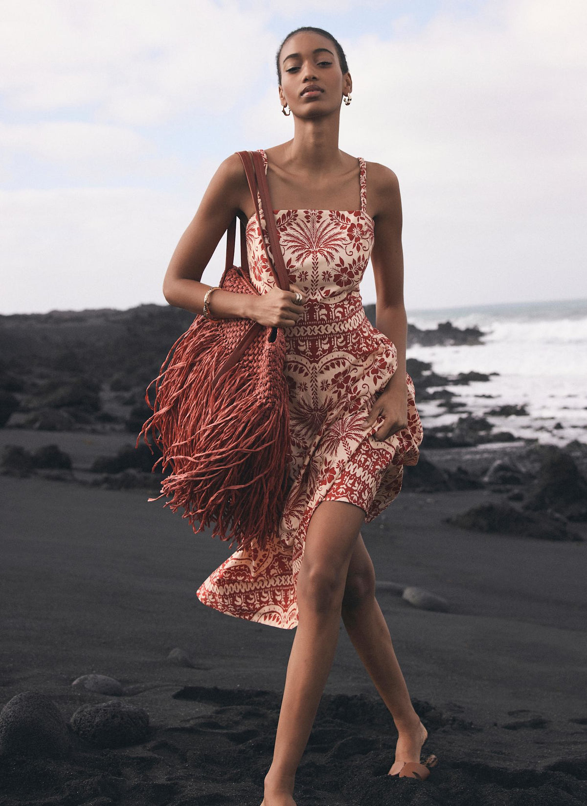 Red Palm Print Midi Dress