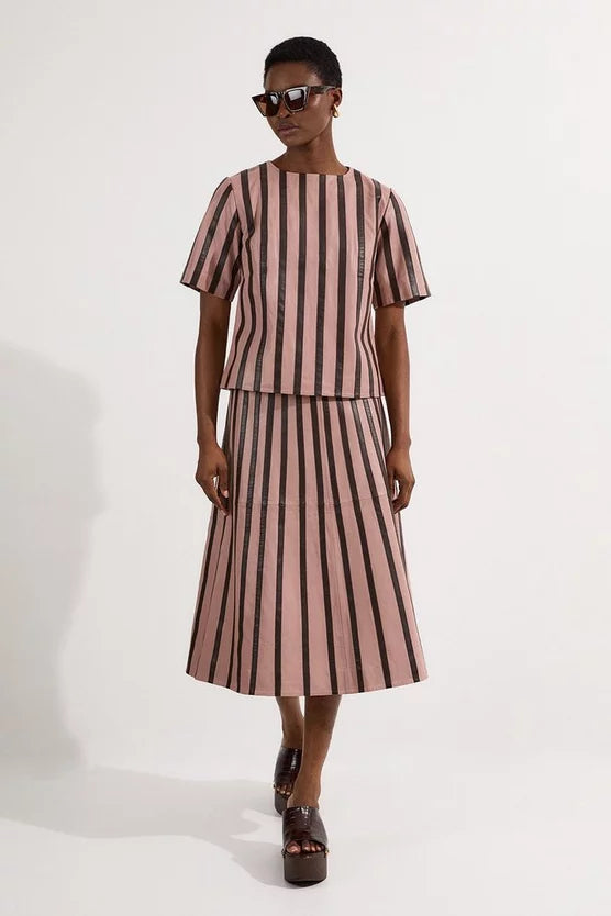Leather Stripe Mix Full Midi Skirt