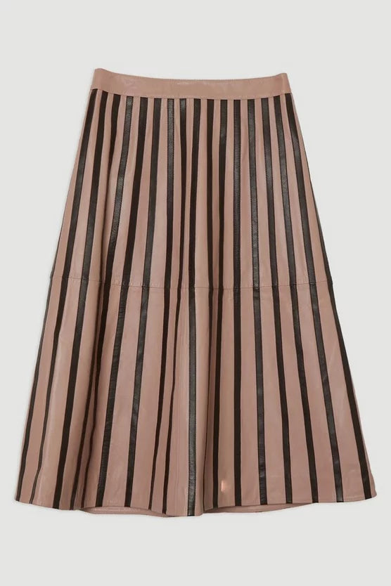 Leather Stripe Mix Full Midi Skirt