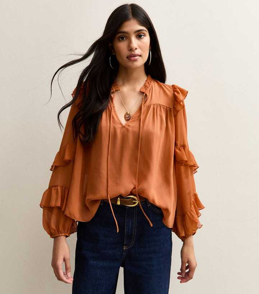 Rust Chiffon Frilly Trimmed Keyhole Neck Blouse