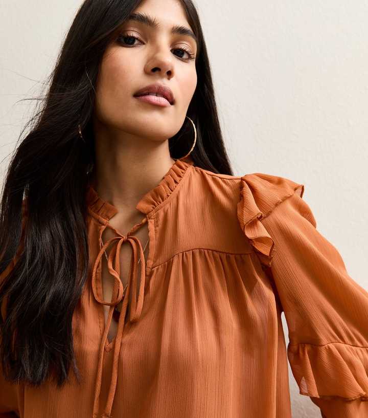 Rust Chiffon Frilly Trimmed Keyhole Neck Blouse