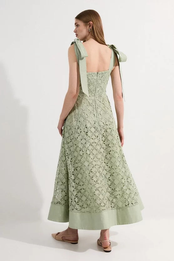 Cutwork Embroidery Woven Midi Prom Dress