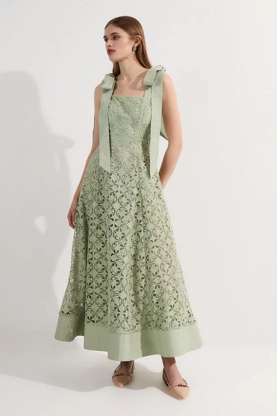 Cutwork Embroidery Woven Midi Prom Dress