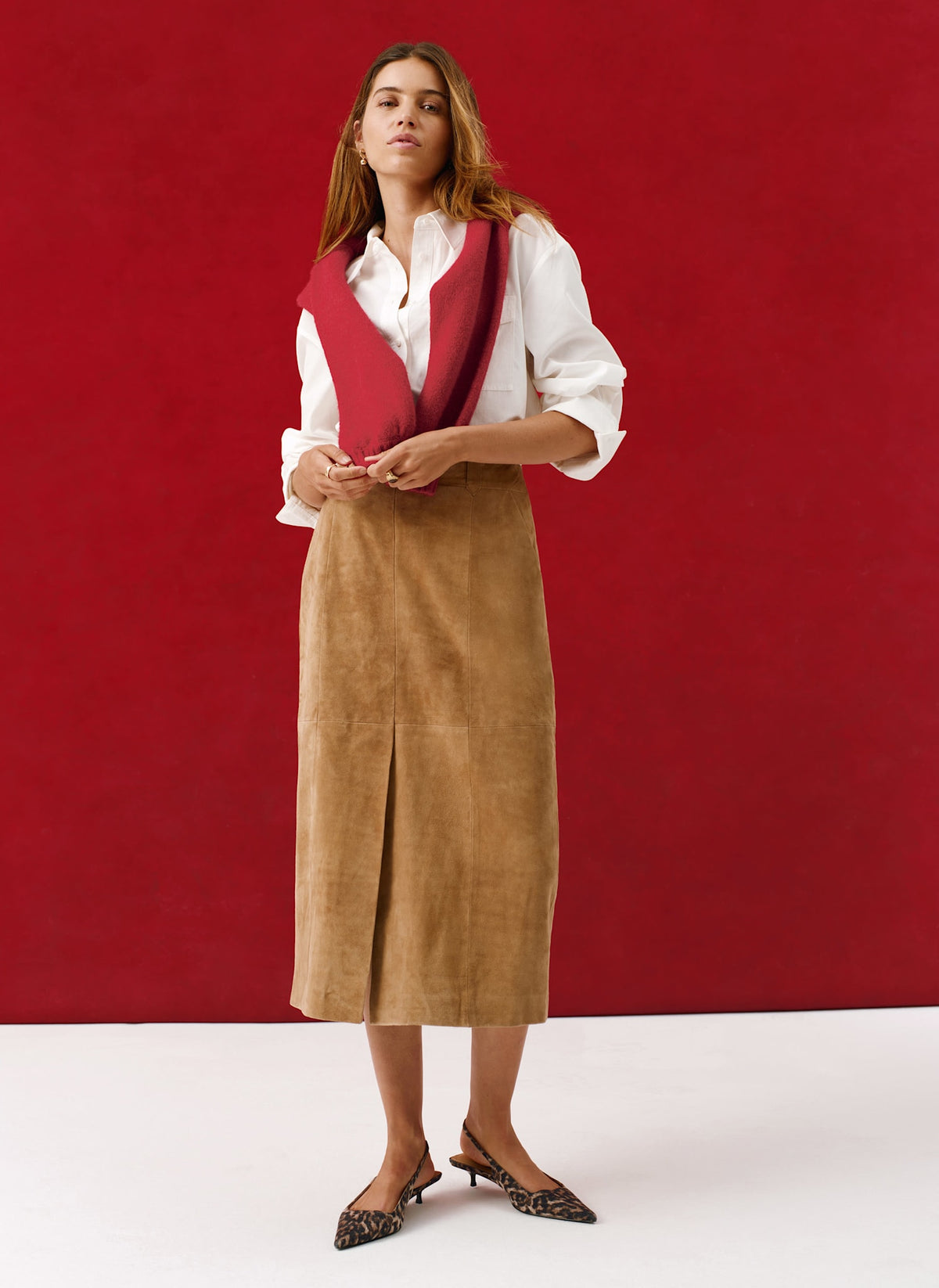 Neutral Suede Midi Skirt