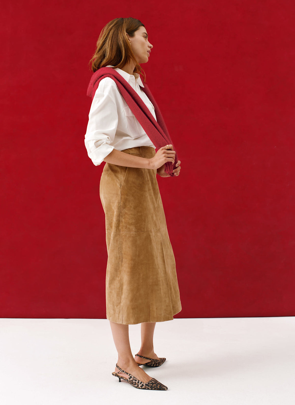 Neutral Suede Midi Skirt