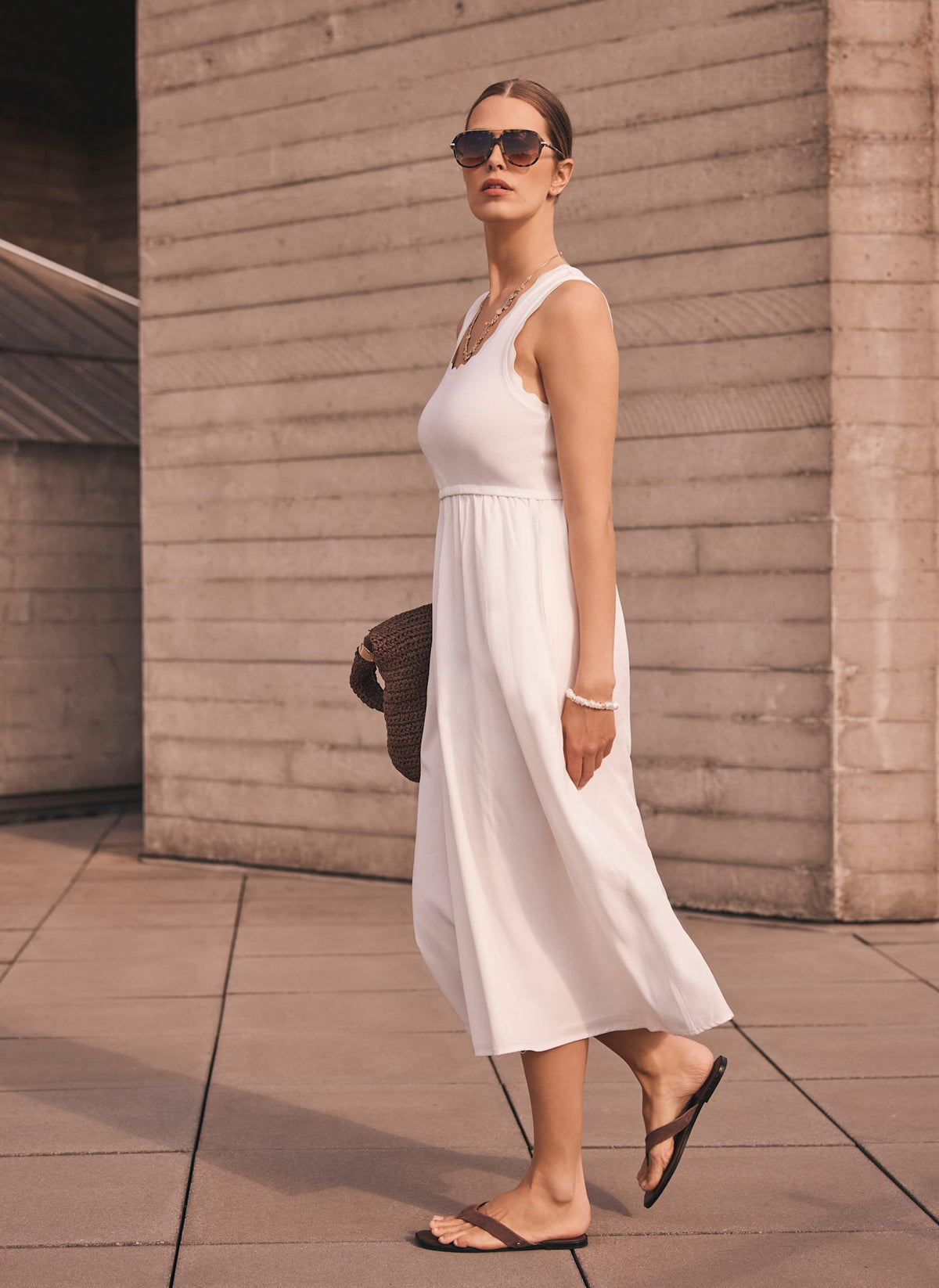 White Scallop Trim Midi Dress