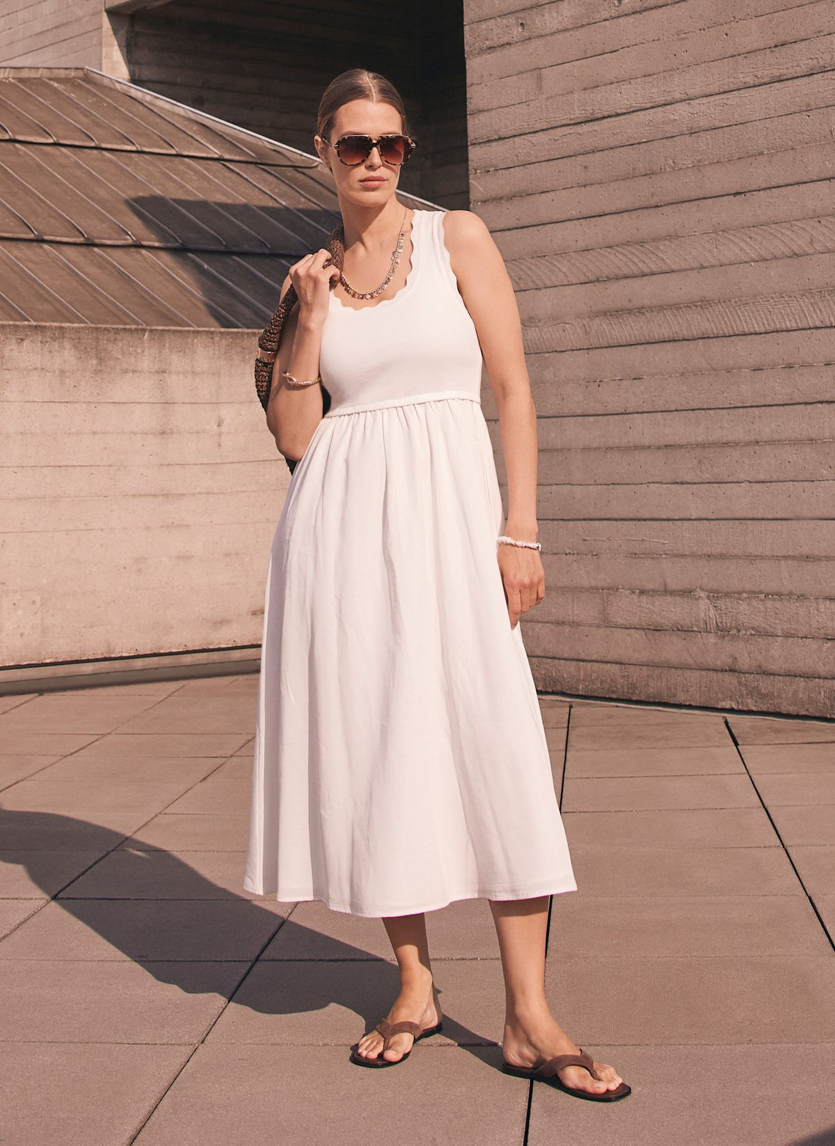 White Scallop Trim Midi Dress