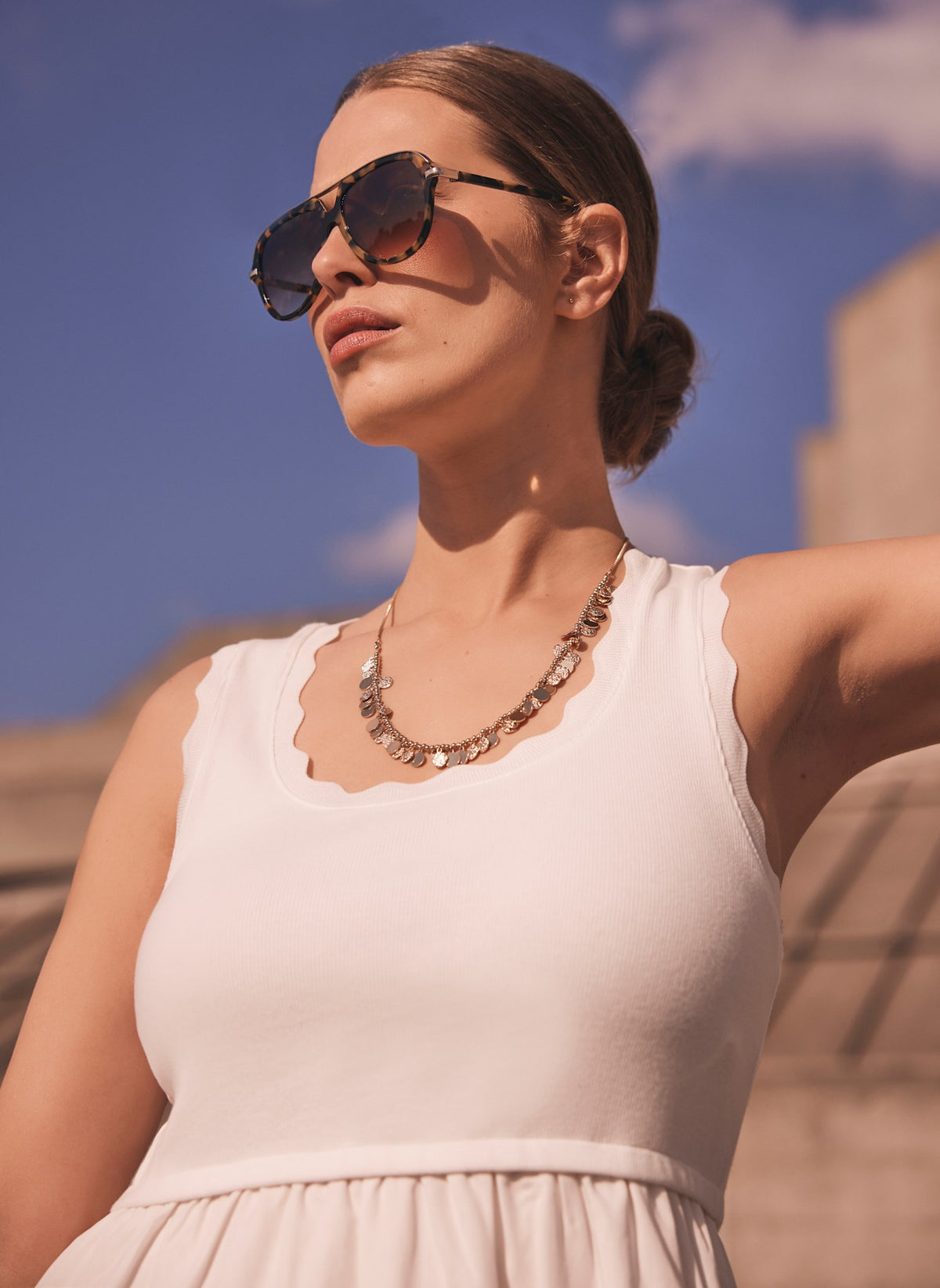 White Scallop Trim Midi Dress