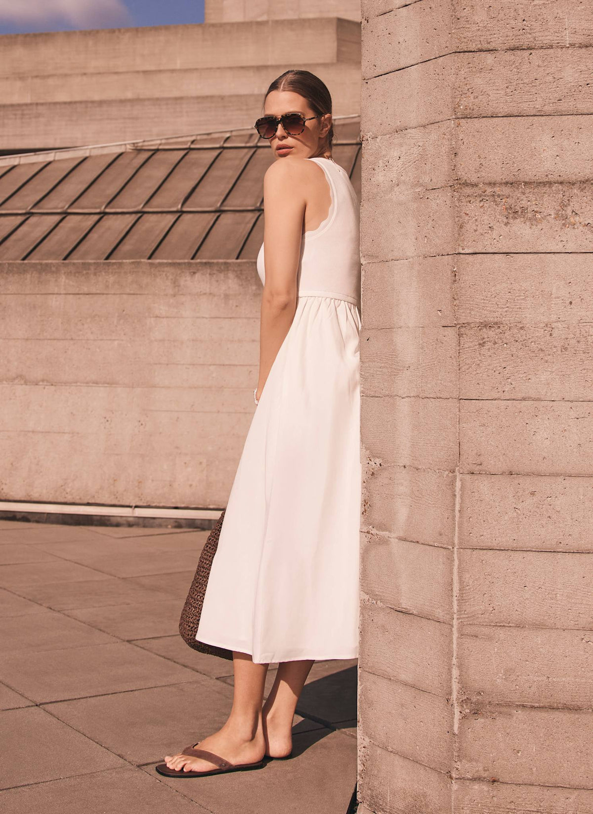 White Scallop Trim Midi Dress