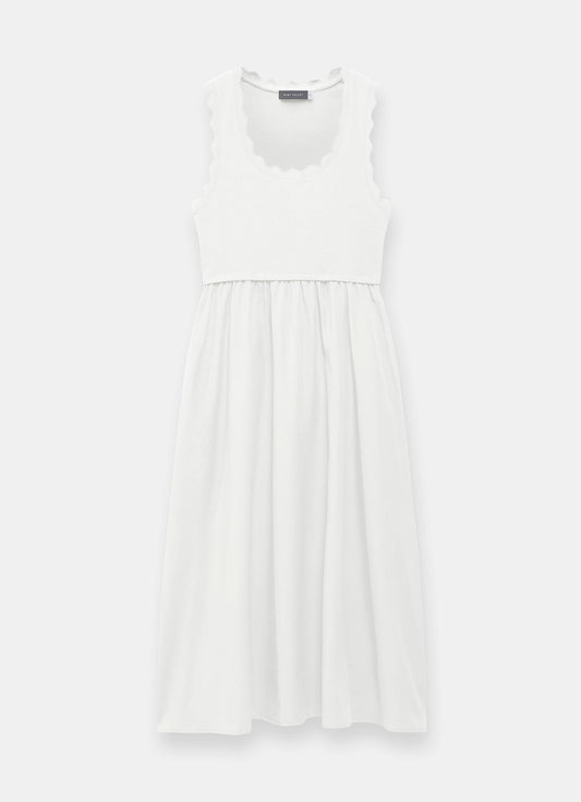 White Scallop Trim Midi Dress