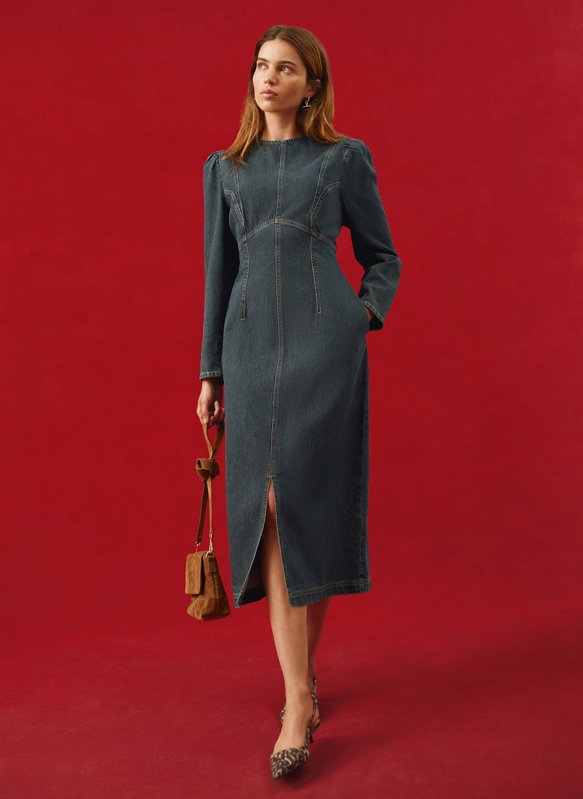 Dark Indigo Denim Puff Sleeve Midi Dress