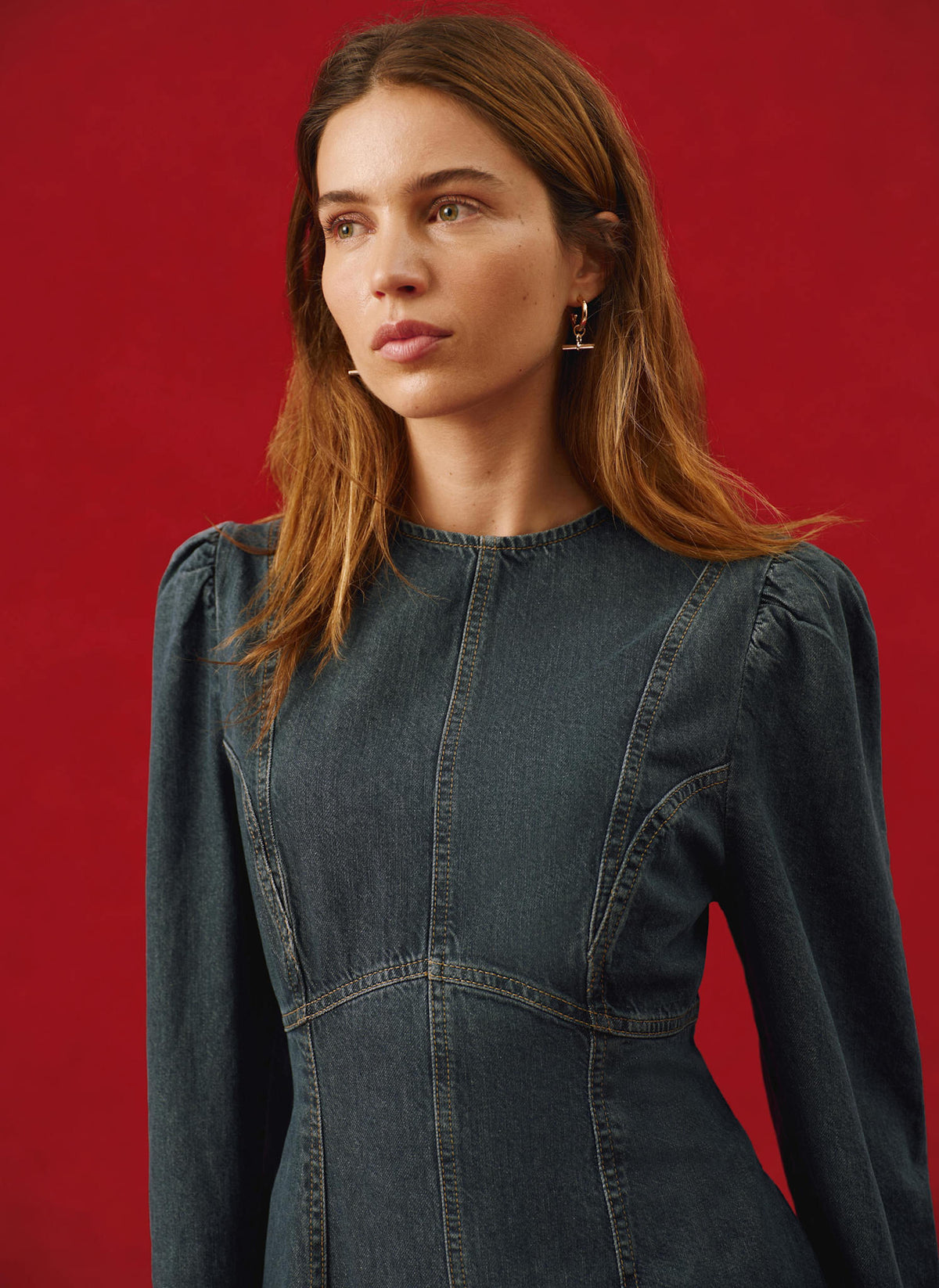 Dark Indigo Denim Puff Sleeve Midi Dress
