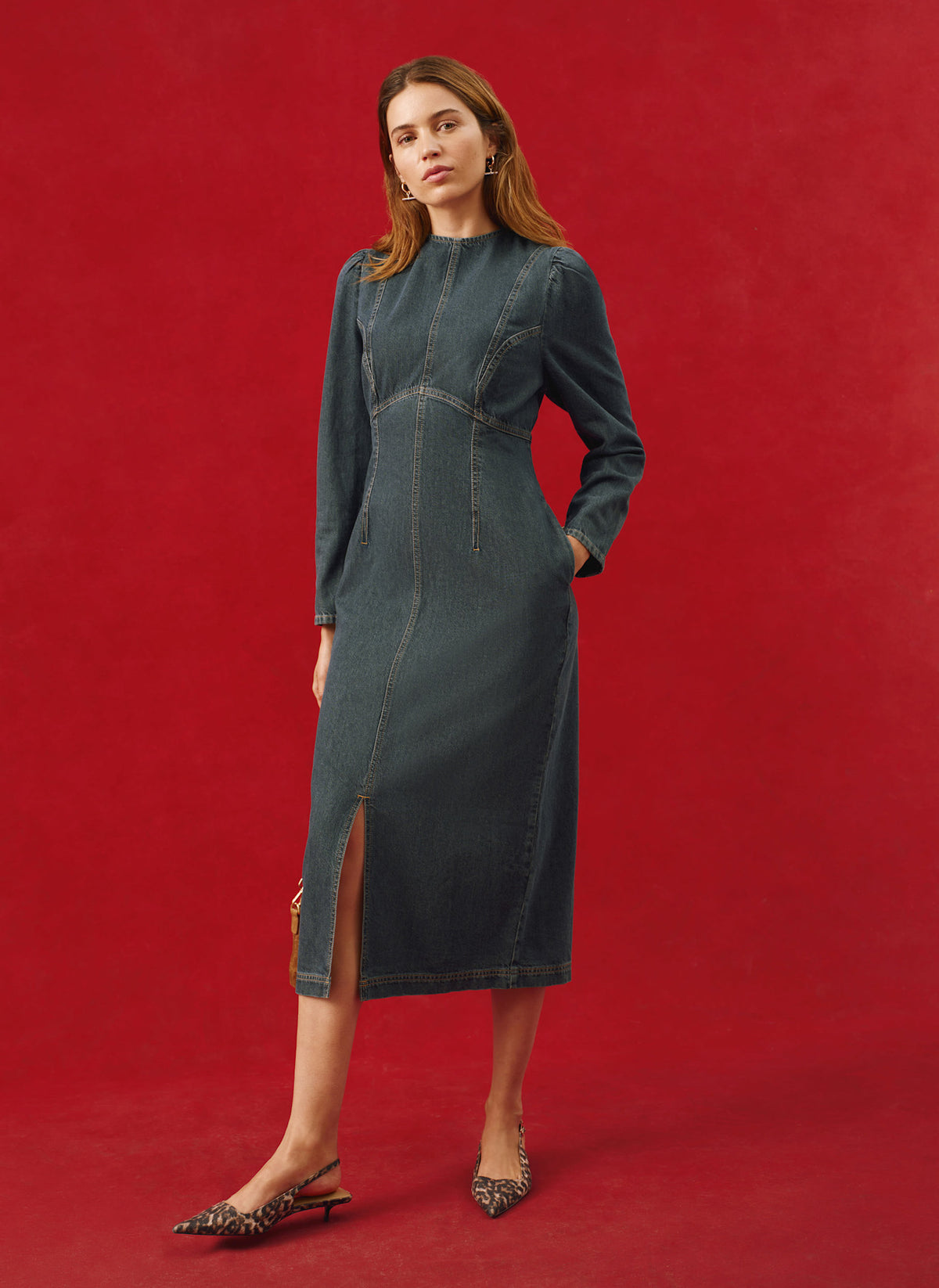 Dark Indigo Denim Puff Sleeve Midi Dress