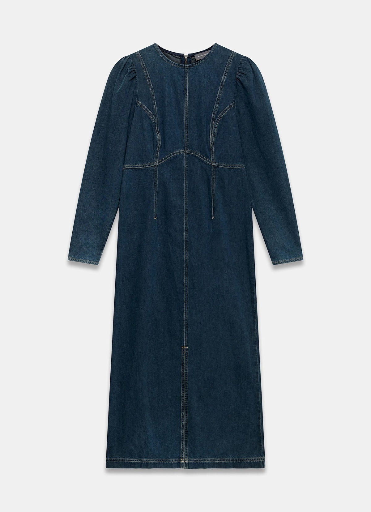 Dark Indigo Denim Puff Sleeve Midi Dress