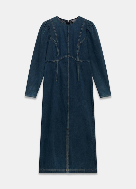 Dark Indigo Denim Puff Sleeve Midi Dress