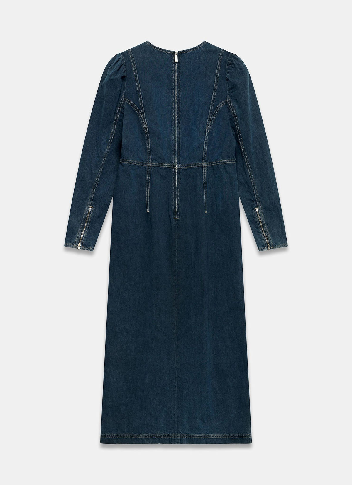 Dark Indigo Denim Puff Sleeve Midi Dress