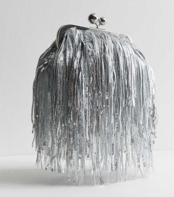 Silver Fringe Sequin Clutch Bag