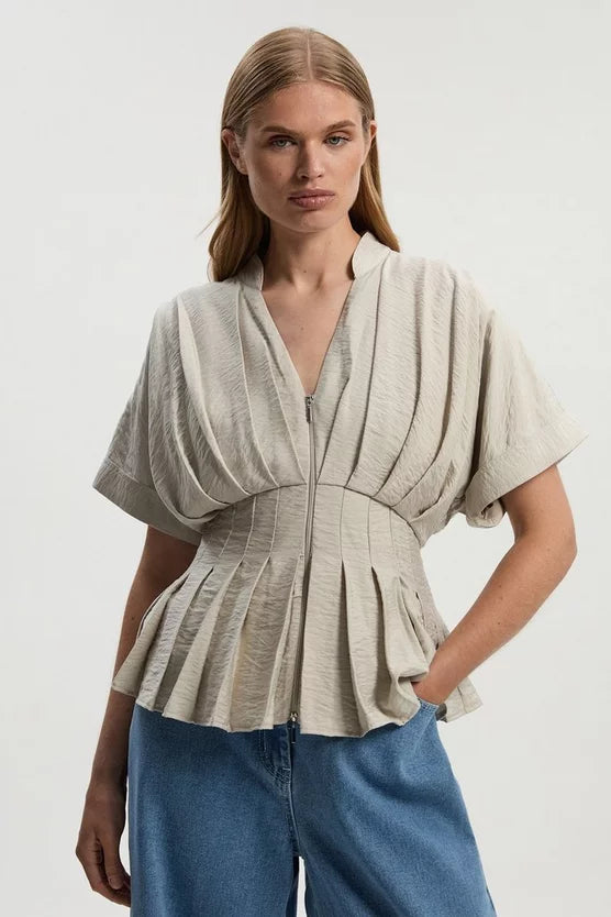 Pleated Neck Tie Detail Woven Short Sleeve Shirt