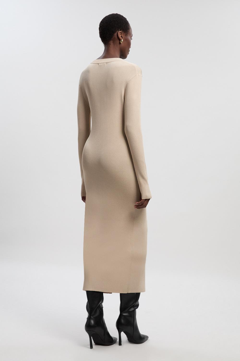 Premium Slinky Ribbed Knit Button Through Maxi Dress