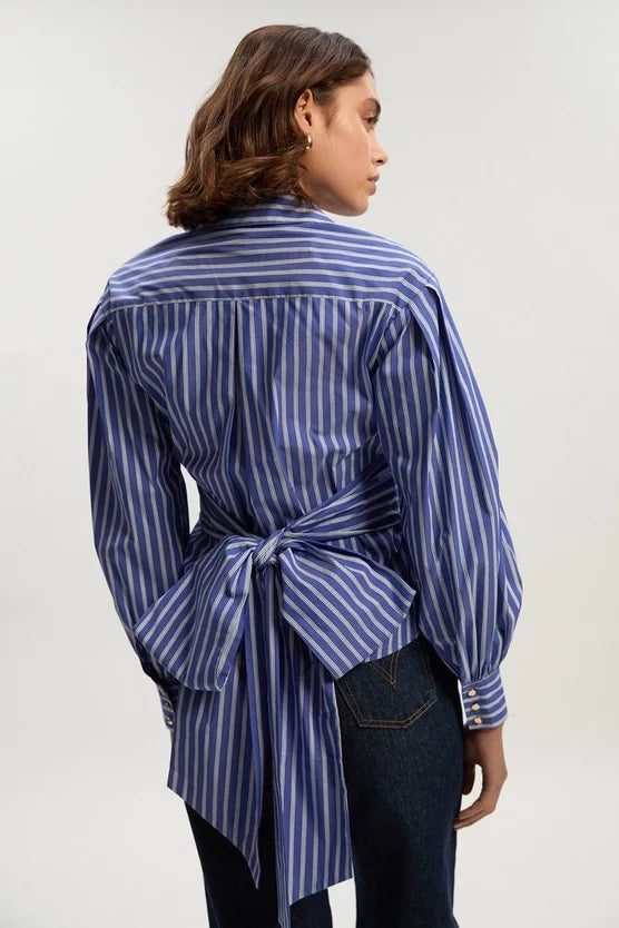 Stripe Cotton Poplin Drama Sleeve Woven Wrap Detail Blouse