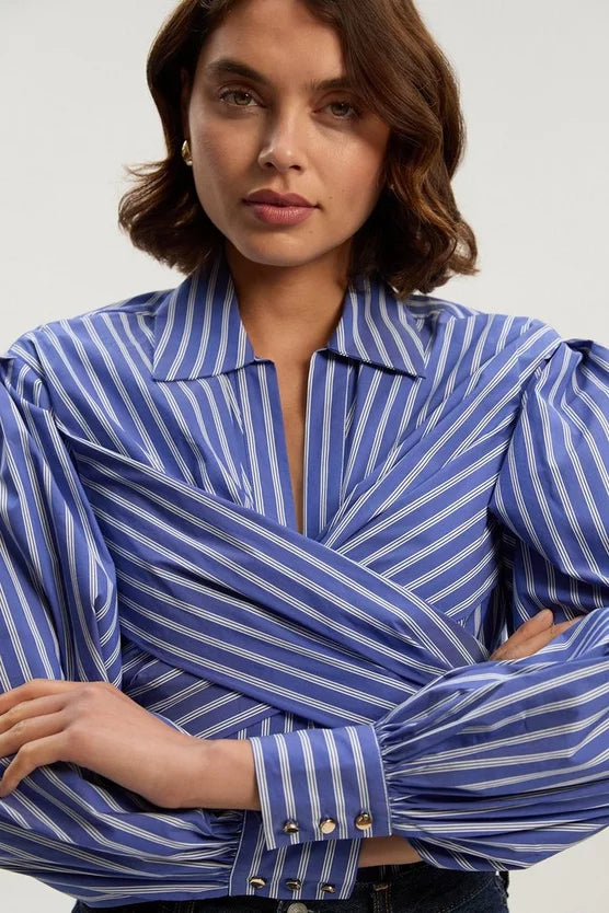 Stripe Cotton Poplin Drama Sleeve Woven Wrap Detail Blouse