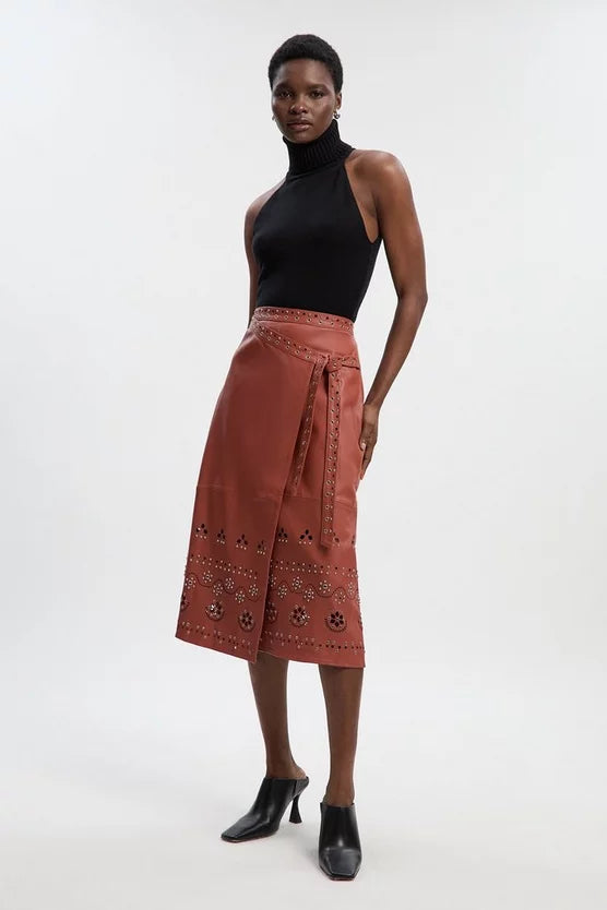 Leather Cut Work & Studded Wrap Pencil Skirt