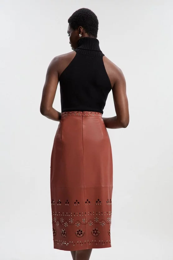 Leather Cut Work & Studded Wrap Pencil Skirt
