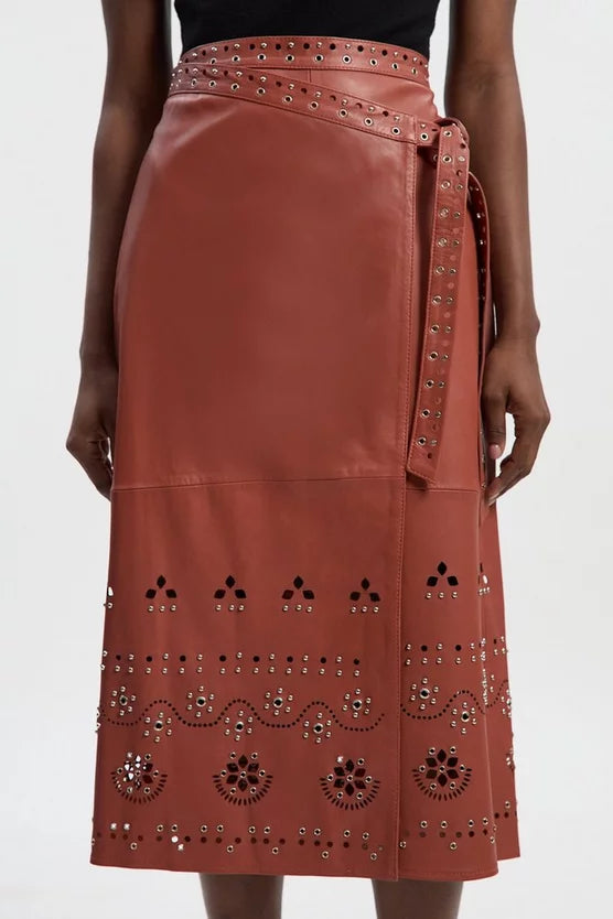 Leather Cut Work & Studded Wrap Pencil Skirt