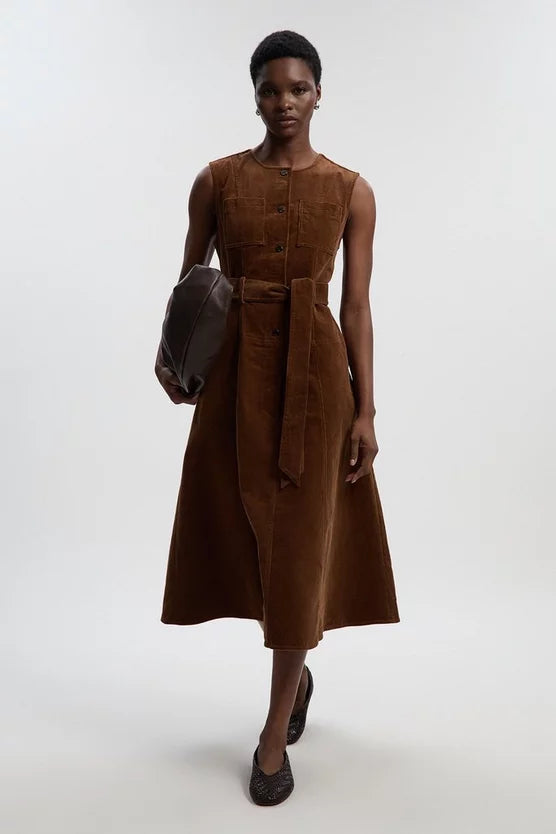 Stretch Cord Belted Midi Dress
