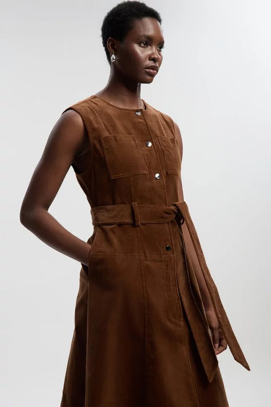 Stretch Cord Belted Midi Dress
