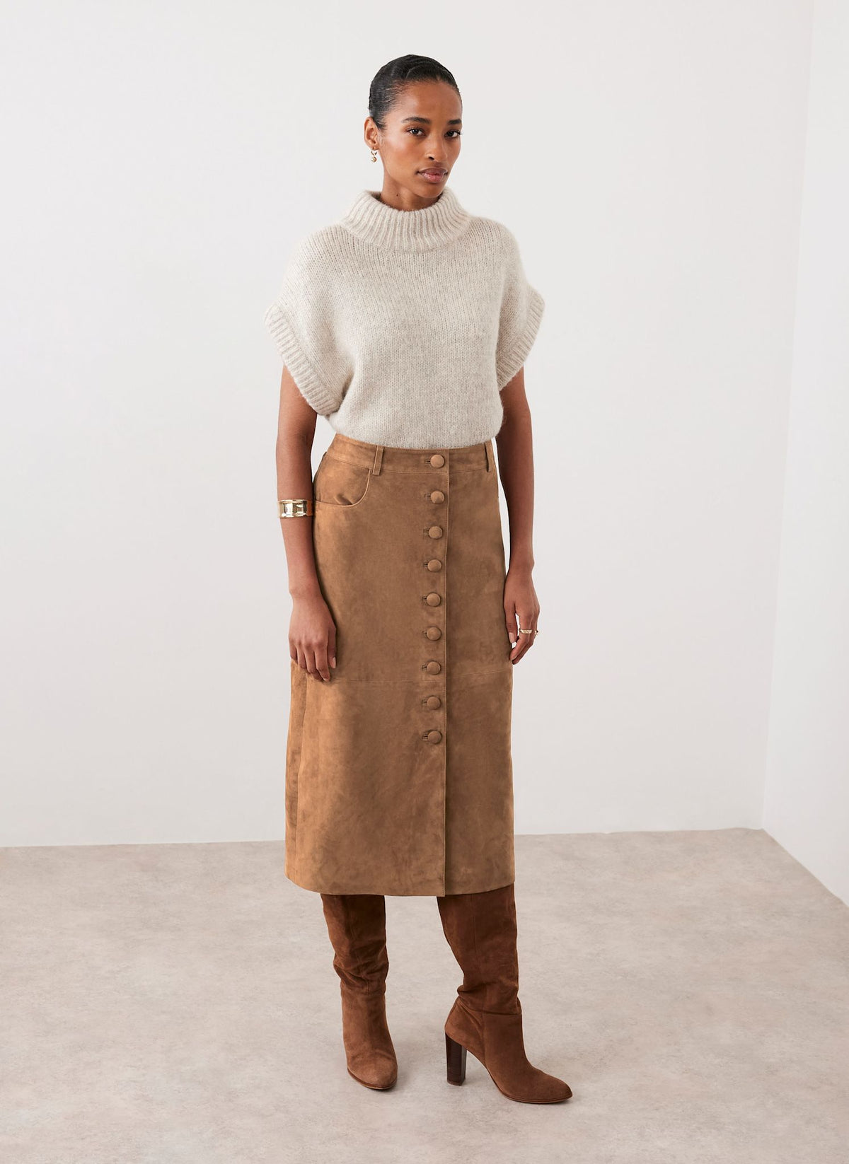 Tan Suede Midi Skirt