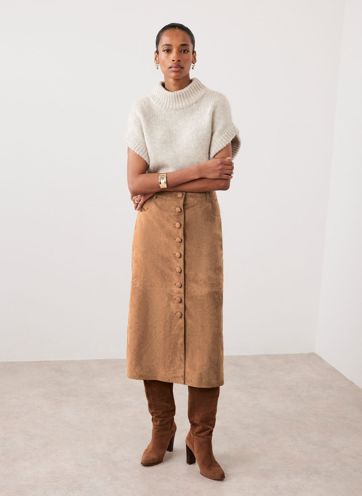 Tan Suede Midi Skirt