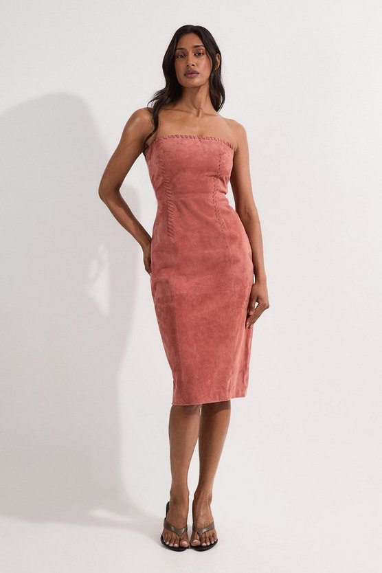 Suede Whipstitch Detail Bandeau Midi Dress