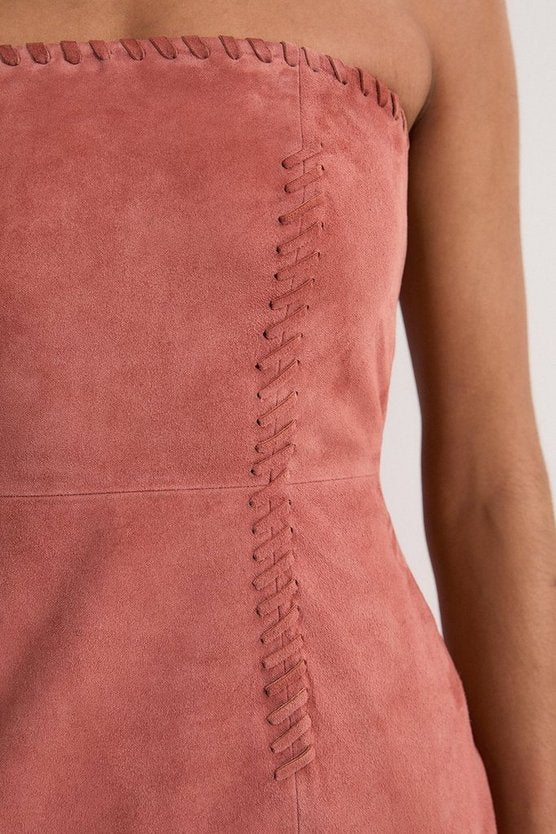 Suede Whipstitch Detail Bandeau Midi Dress