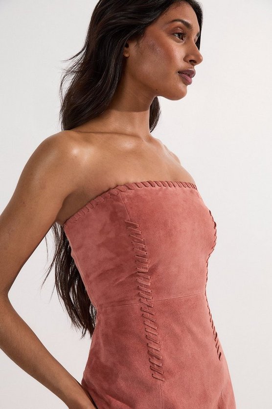 Suede Whipstitch Detail Bandeau Midi Dress