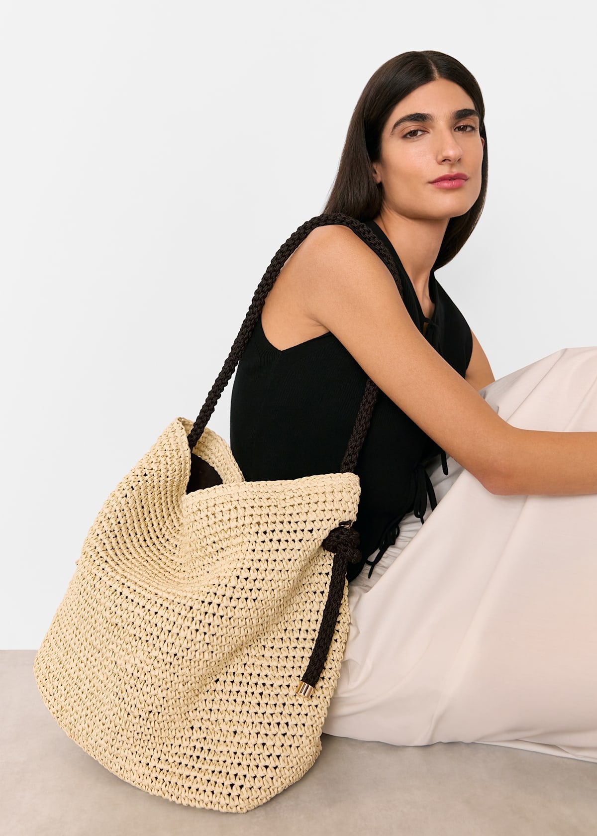 Neutral Attie Rope Handle Straw Tote Bag