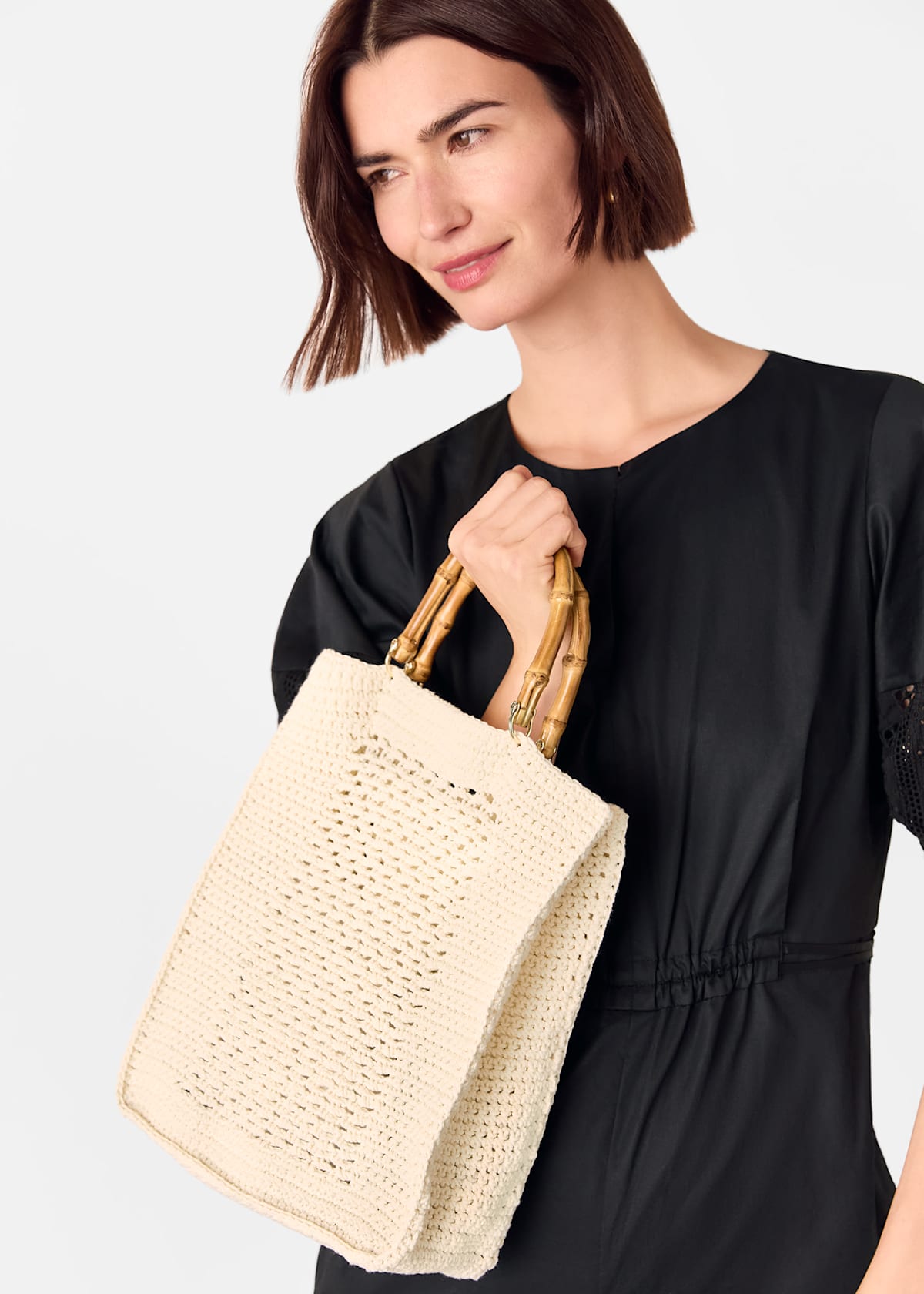 Cream Bamboo Handle Crochet Bag