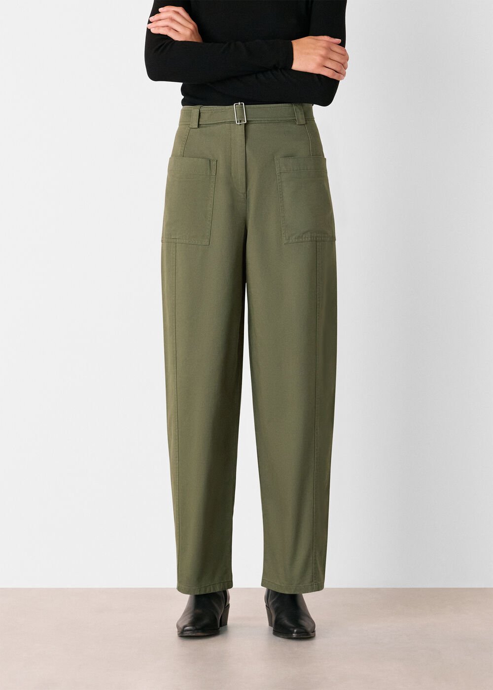 Khaki Belted Cotton Barrel Trouser