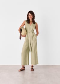 Neutral Belted Seamed Linen Jumpsuit