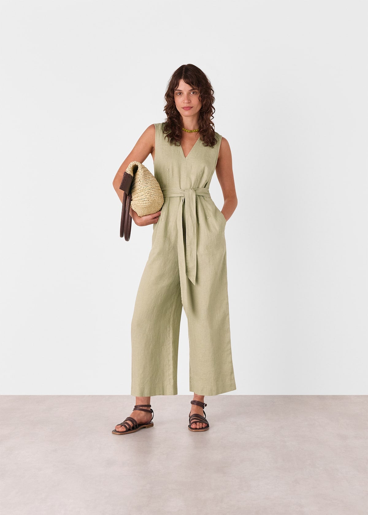 Neutral Belted Seamed Linen Jumpsuit