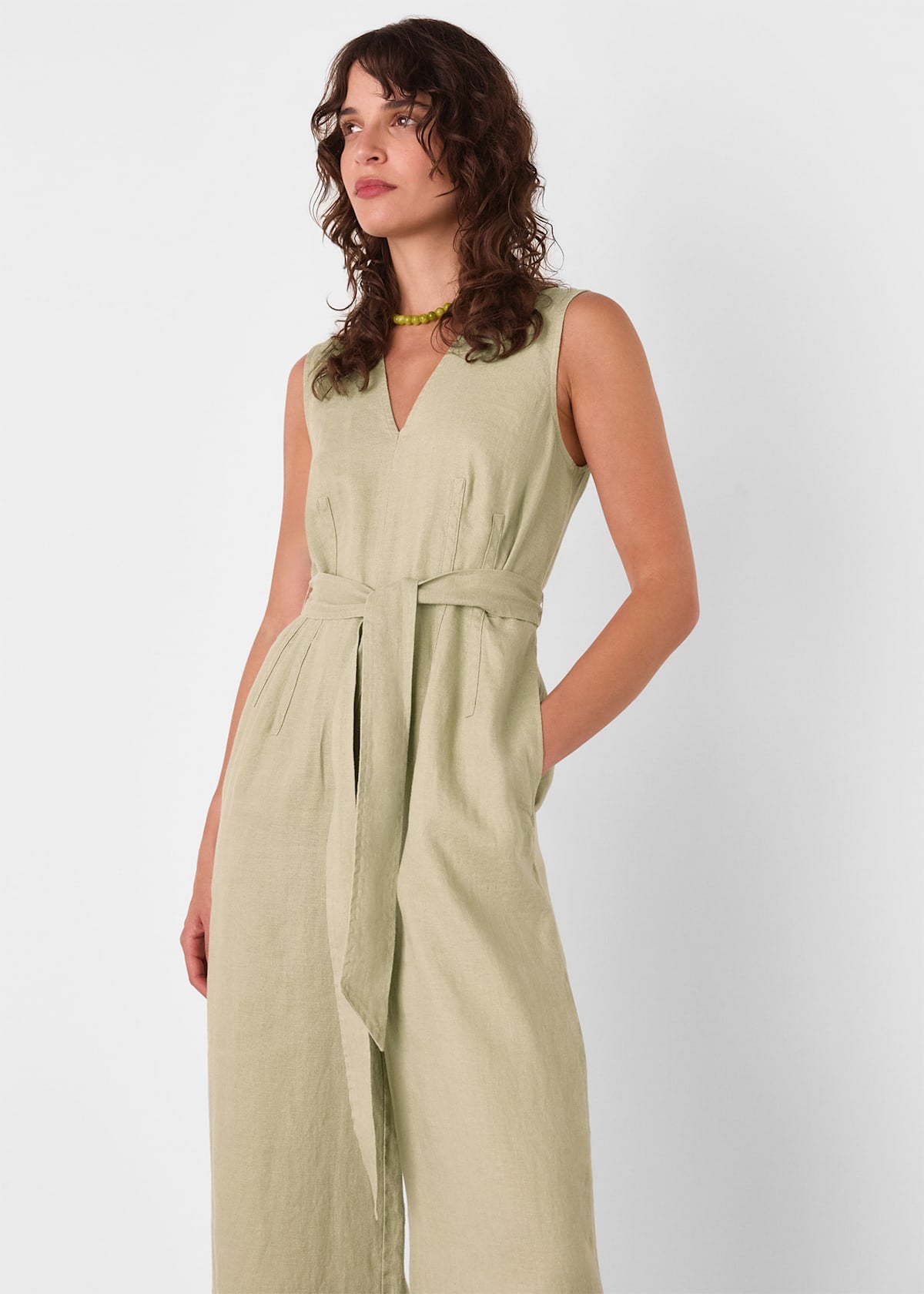 Neutral Belted Seamed Linen Jumpsuit