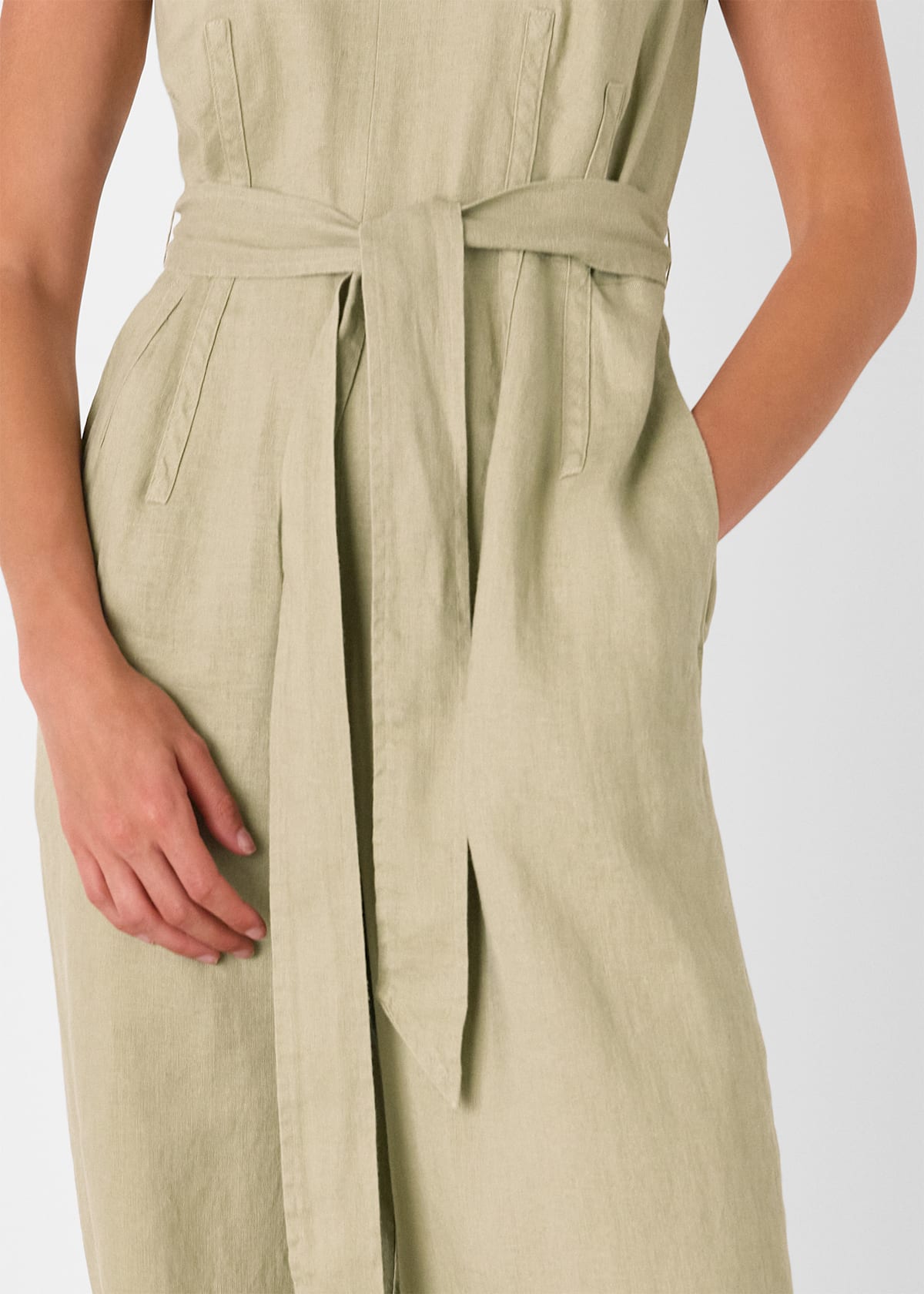 Neutral Belted Seamed Linen Jumpsuit