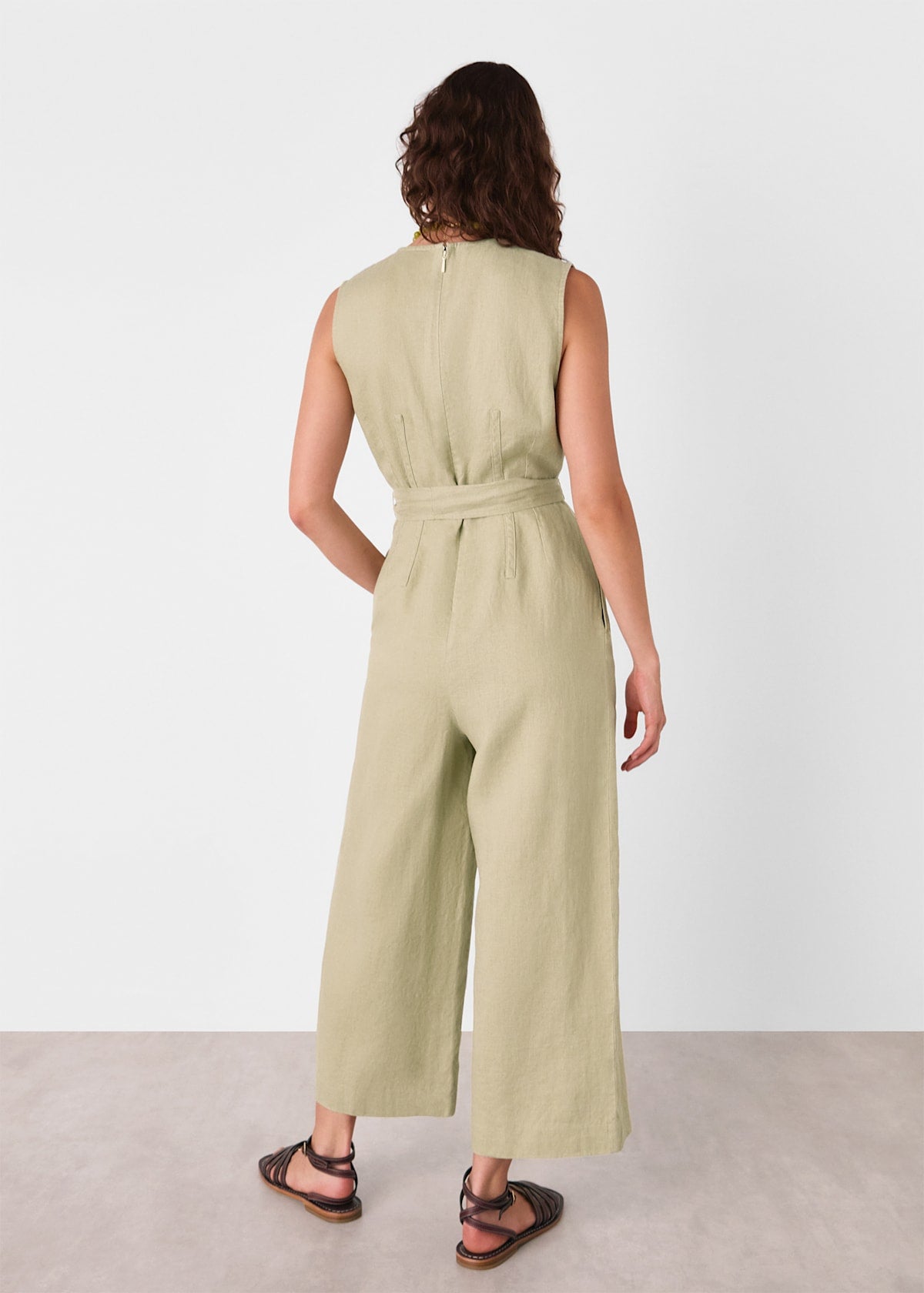 Neutral Belted Seamed Linen Jumpsuit