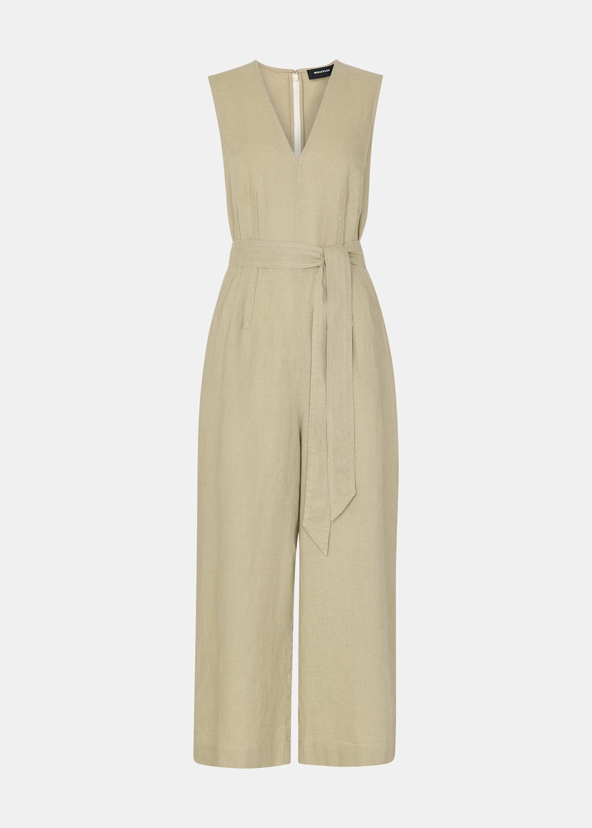 Neutral Belted Seamed Linen Jumpsuit